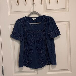 Lucky Brand Dark Blue Embroidered Top